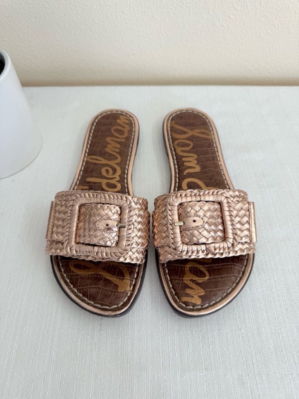 Sam Edelman Gavriela 2 Rose Gold Woven Leather Buckle Slide Sandals - Picture 2 of 11